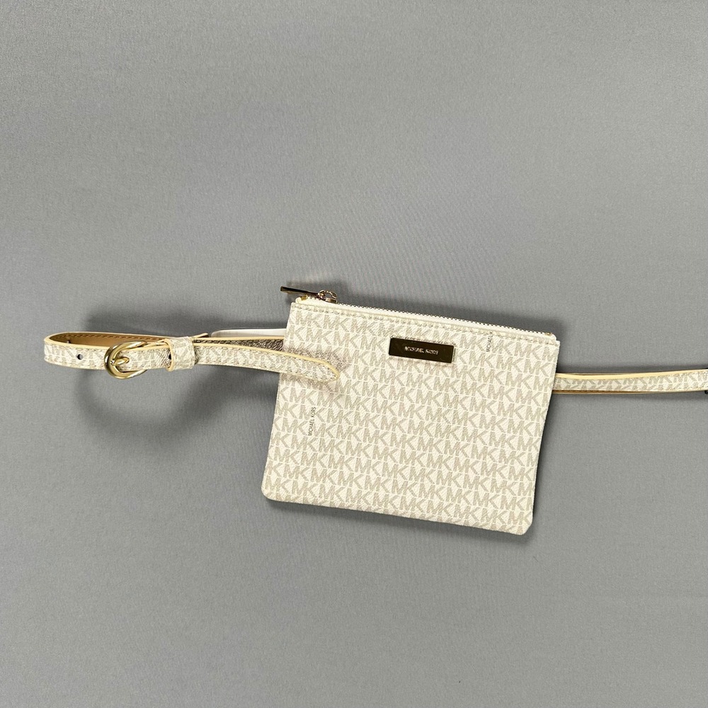 Michael Kors MK Signature Logo Belt Bag White Tan Gold Hardware Size M 554562 - Picture 2 of 10